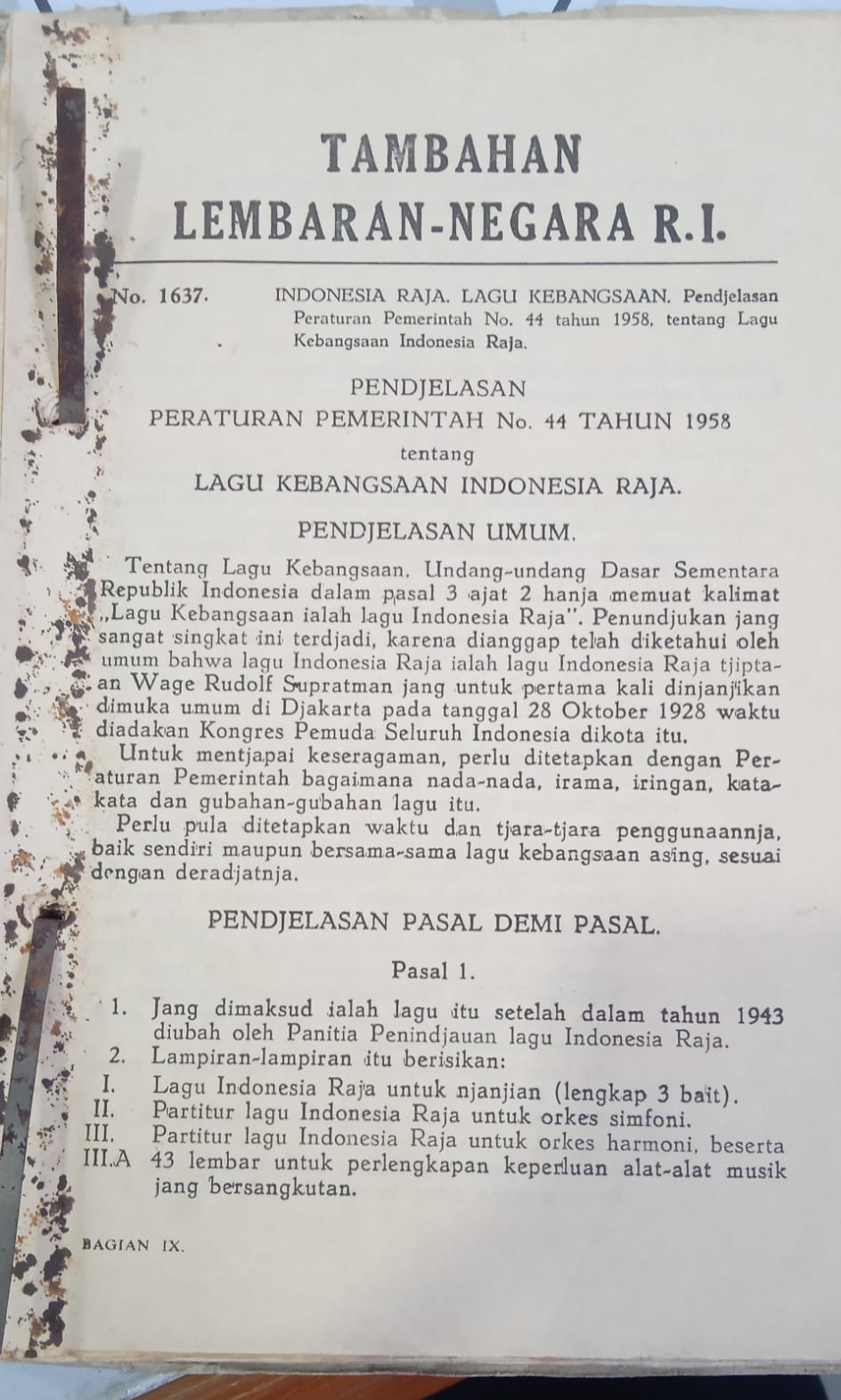 Tambahan Lembaran Negara RI Tahun 1958 Nomor 1637 - Penjelasan Peraturan Pemerintah Nomor 44 Tahun 1958 tentanng Lagu Kebangsaan Indonesia Raja