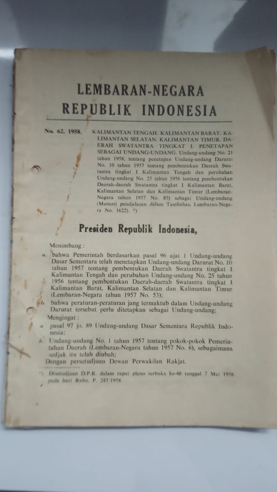 Lembaran Negara Republik Indonesia No. 62, 1958